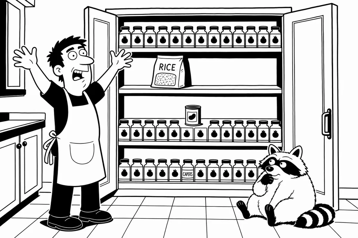 Gerald the raccoon inspecting an enthusiastically stocked cupboard of capers